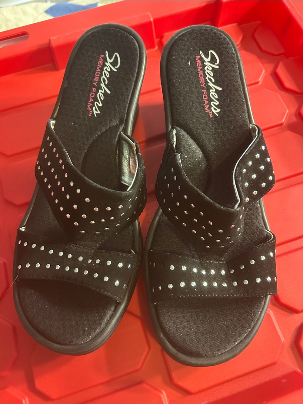 NWOT Skechers Black Studded Memory Foam Slide Sandals